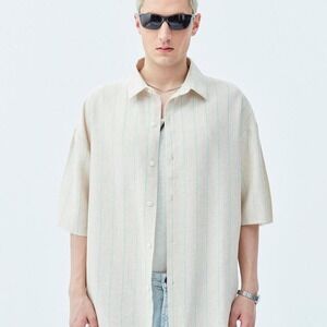 Vamos‎ 3XL Textured Striped Short Sleeve Button Up Shirt Green Cream